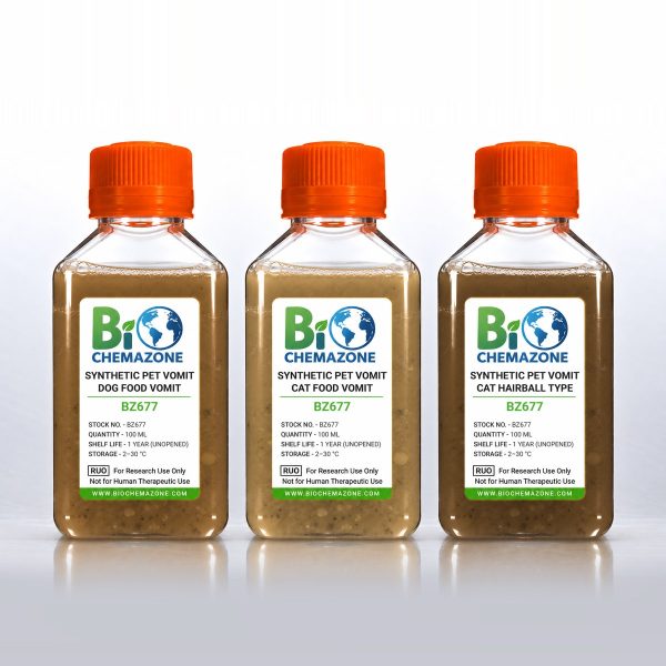 Synthetic Pet Vomit BZ677 – BioChemazone dog food vomit, cat food vomit and cat hairball type stain simulants, 100 mL bottles