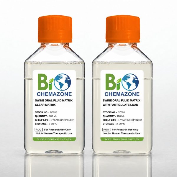 Synthetic Swine Oral Fluid Matrix BZ688 – BioChemazone pig rope oral-fluid simulant for PCR and antibody test validation, clear and particulate-load bottles