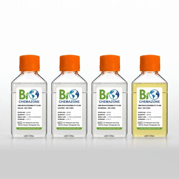 UBM Bioaccessibility Fluid Set ISO 17924 BZ605 – BioChemazone saliva, gastric, duodenal and bile fluids, 4 x 100 mL bottles