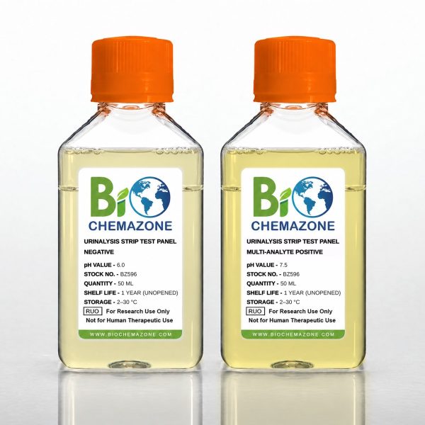 Urinalysis Strip Test Panel BZ596 – BioChemazone negative and multi-analyte positive artificial urine, two 50 mL bottles