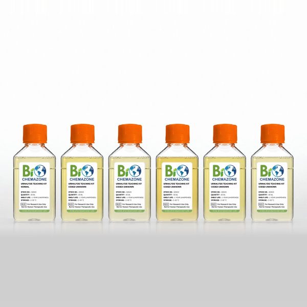 Urinalysis Teaching Kit BZ643 – BioChemazone one normal artificial urine and five coded abnormal unknowns for dipstick practicals, 6 x 30 mL bottles