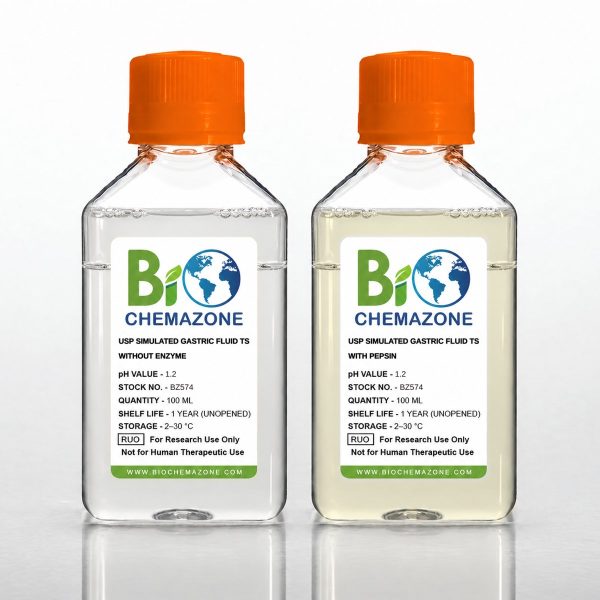 USP Simulated Gastric Fluid TS (SGF) BZ574 – BioChemazone pH 1.2, enzyme-free and with pepsin, 100 mL bottles