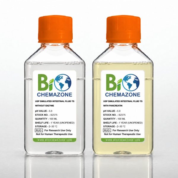 USP Simulated Intestinal Fluid TS (SIF) BZ575 – BioChemazone pH 6.8, enzyme-free and with pancreatin, 100 mL bottles