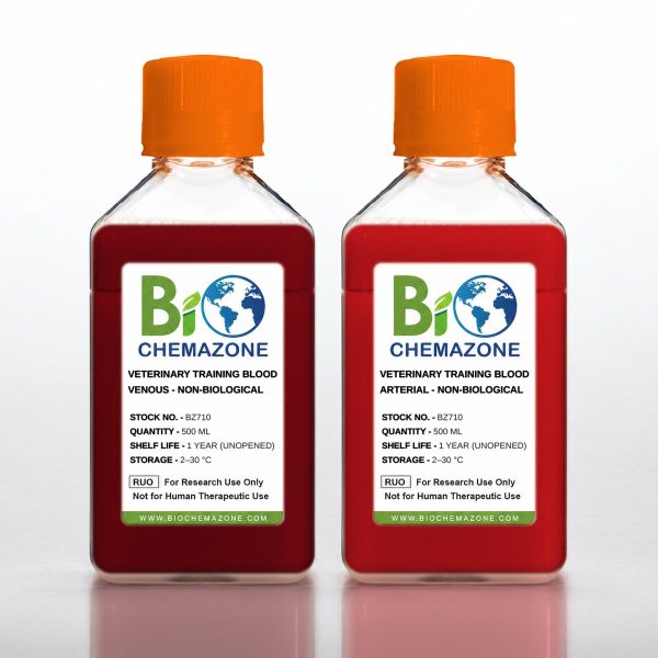 Veterinary Training Blood BZ710 – BioChemazone non-biological simulated blood, venous dark red and arterial bright red, for blood-draw and catheter trainers, 500 mL bottles