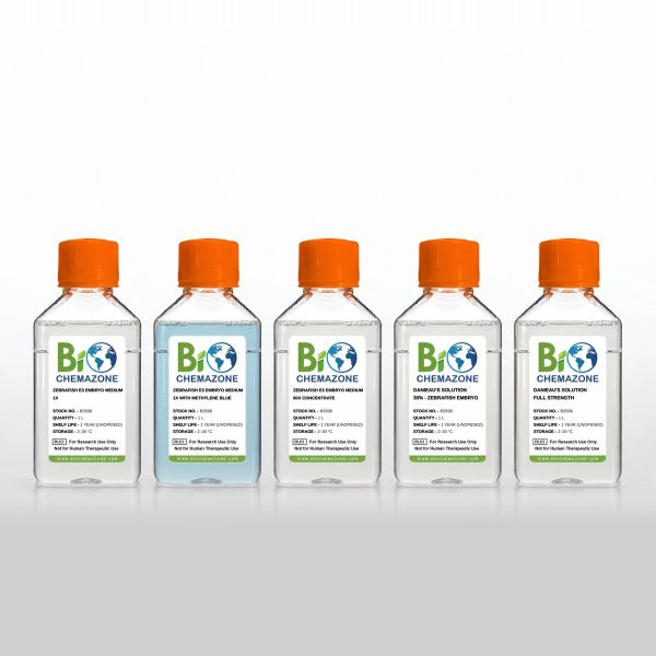 Zebrafish E3 Embryo Medium and Danieau’s Solution BZ698 – BioChemazone E3 medium 1x, with methylene blue and 60x concentrate, Danieau’s solution 30% and full strength, 1 L bottles